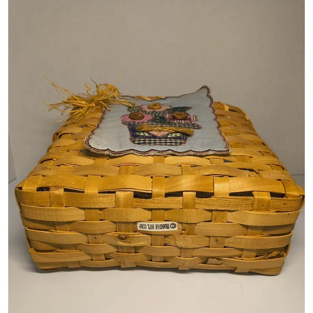 Vintage Woven Basket W Patchwork Quilt Square Flowers In Pot ~Handle, Raffia Bow